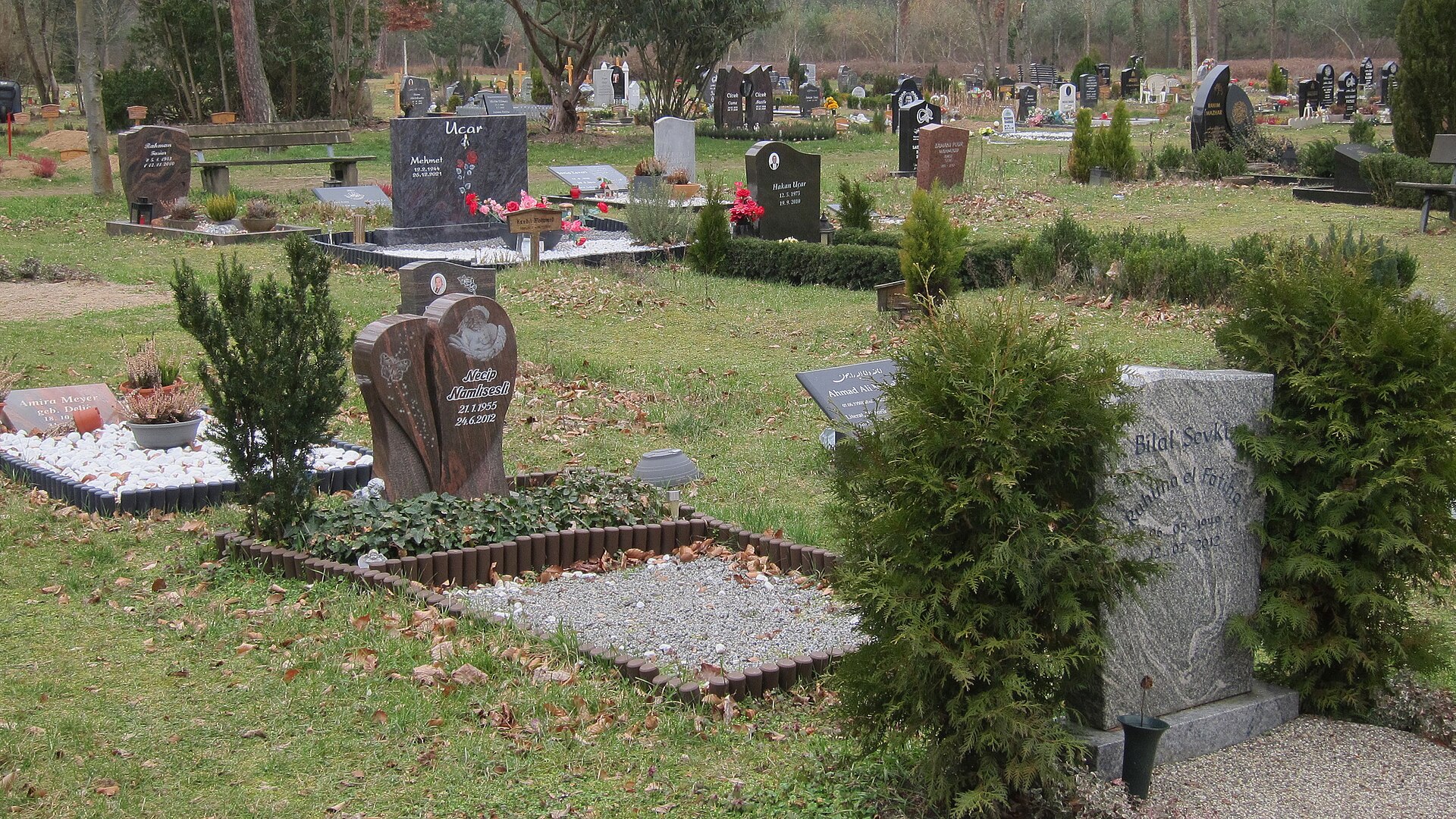 Muslimisches Gräberfeld auf dem Waldfriedhof Darmstadt, schlichte Grabsteine in Reihen, nach Mekka ausgerichtet