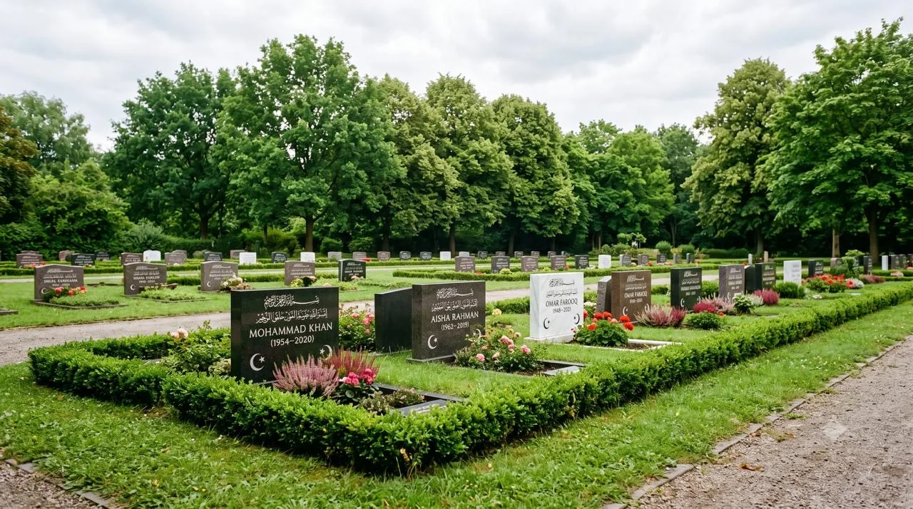 Islamisches Grabfeld auf einem deutschen Friedhof, dunkle Grabsteine mit Halbmond und arabischer Inschrift, umgeben von Buchsbaumhecken und Blumen